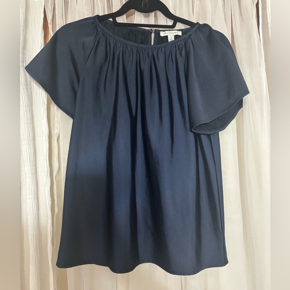 Blue Flutter Sleeve Blouse with Ruffled Neckline - Picture 1 of 8